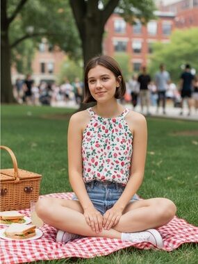 J. Crew White Strawberry Print Sleeveless Top